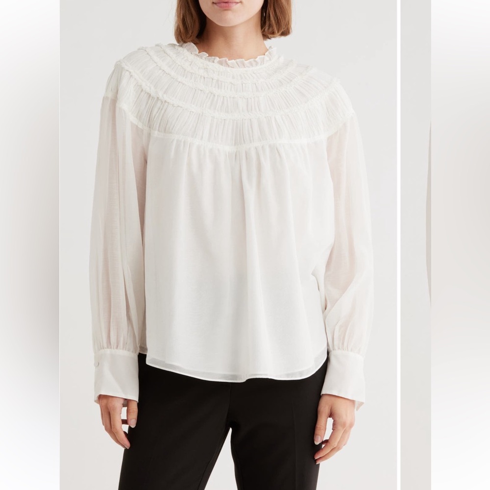 Rebecca Taylor Silk Cotton Ruched Top Blouse High Neck White